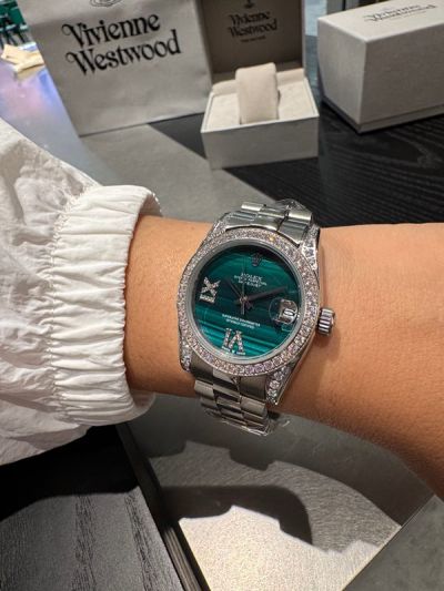 Rolex Datejust 904L Steel 31mm Swarovski Crystal Diamonds Case Green Face SS Strap Women Watch